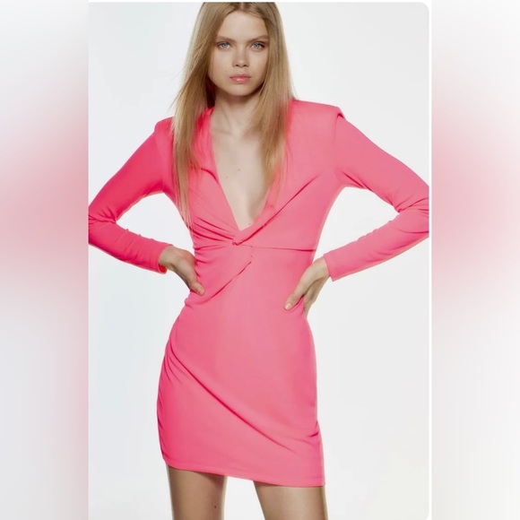 NWT $50R Zara Knotted Front Dress. Neon Pink Size Large - Picture 2 of 11